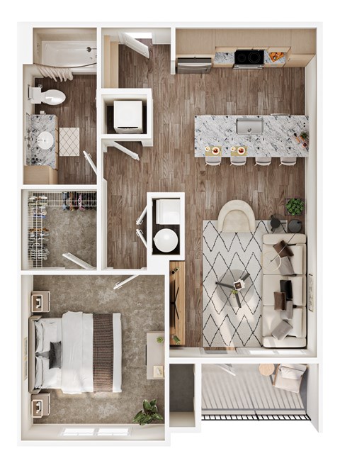 Floor plan for 1 bed, 1 bath, 722 sqft